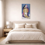 Gallery-wrapped canvas print of Fernando Botero's Mary and Dead Jesus displayed on a wall in a bedroom