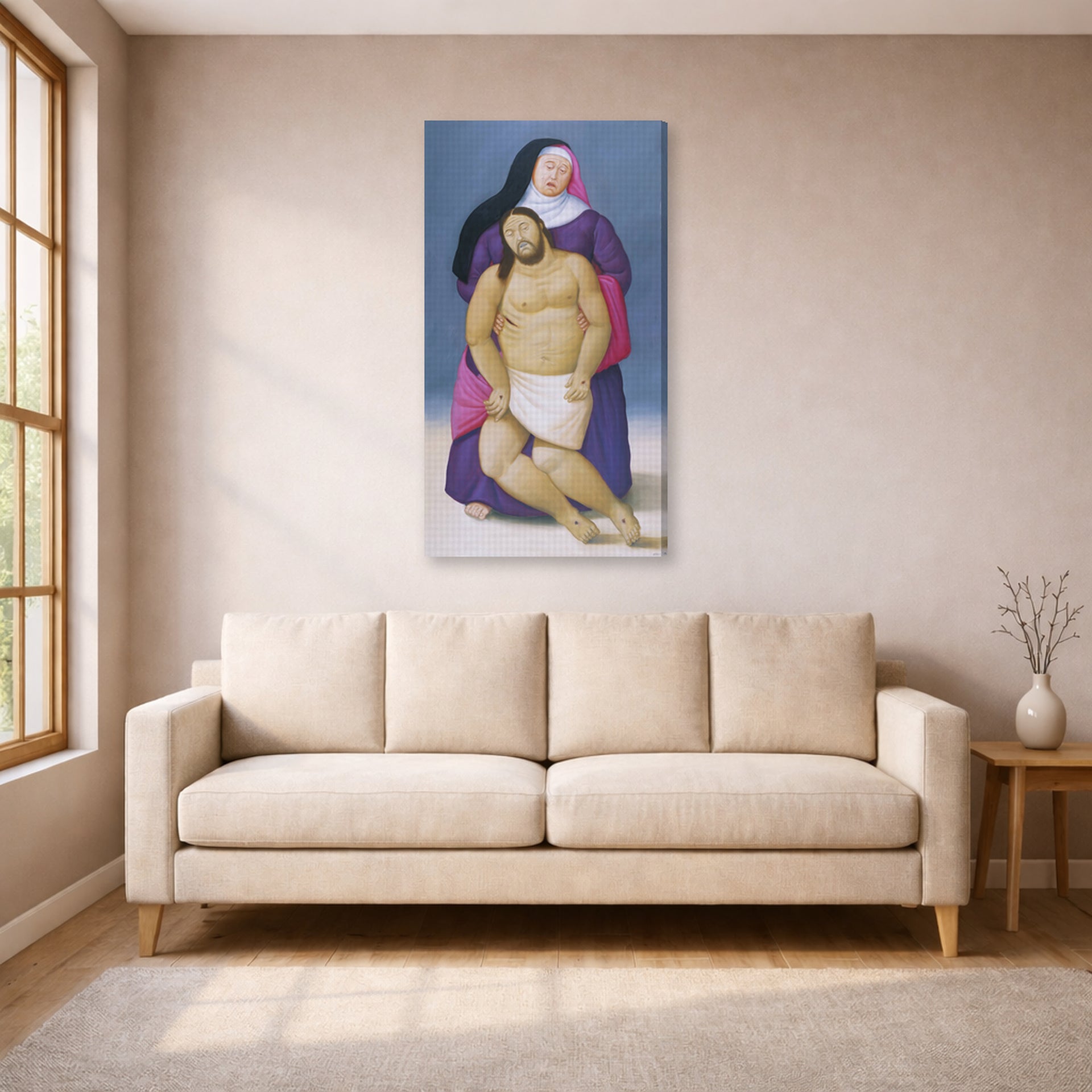 Gallery-wrapped canvas print of Fernando Botero's Mary and Dead Jesus displayed on a wall in a living room