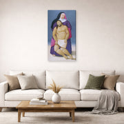 Gallery-wrapped canvas print of Fernando Botero's Mary and Dead Jesus displayed on a wall in a living room