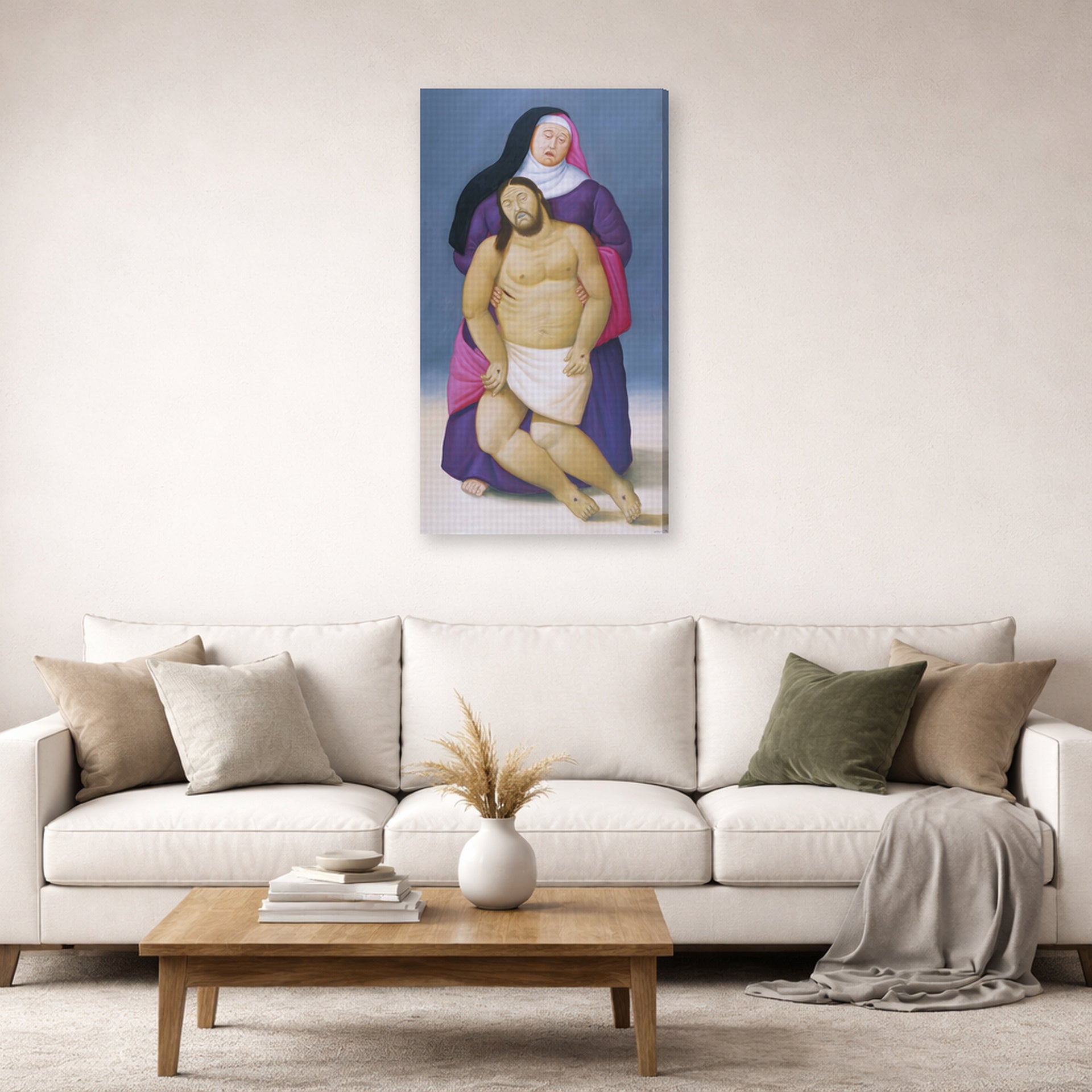 Gallery-wrapped canvas print of Fernando Botero's Mary and Dead Jesus displayed on a wall in a living room