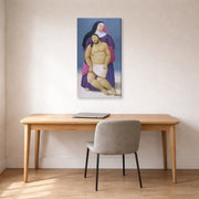 Gallery-wrapped canvas print of Fernando Botero's Mary and Dead Jesus displayed on a wall in a home office