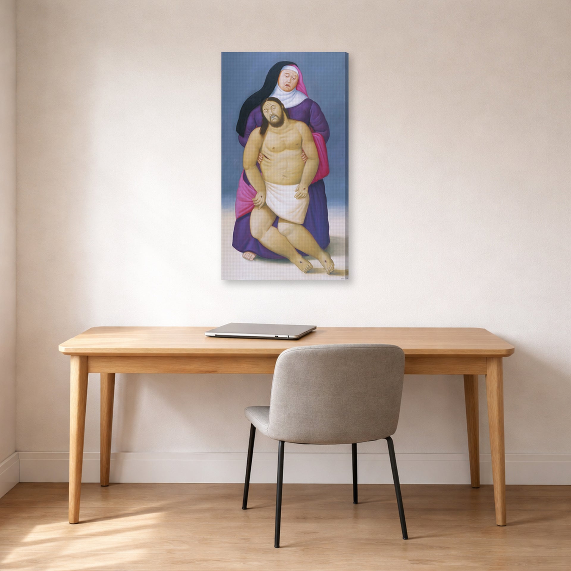 Gallery-wrapped canvas print of Fernando Botero's Mary and Dead Jesus displayed on a wall in a home office