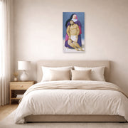 Unframed poster print of Fernando Botero's Mary and Dead Jesus displayed on a wall in a bedroom