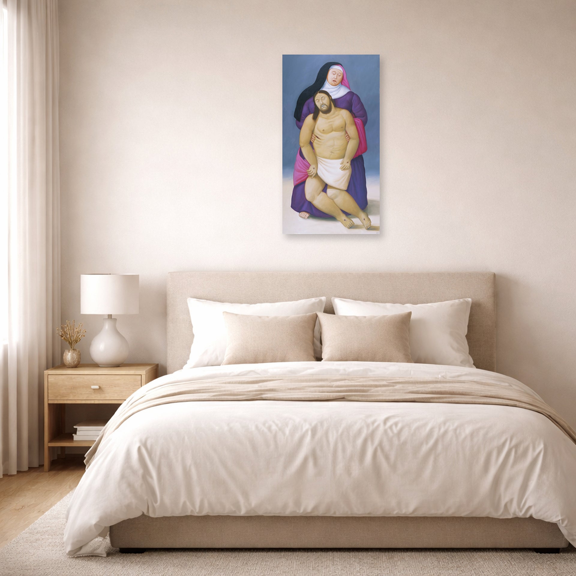 Unframed poster print of Fernando Botero's Mary and Dead Jesus displayed on a wall in a bedroom