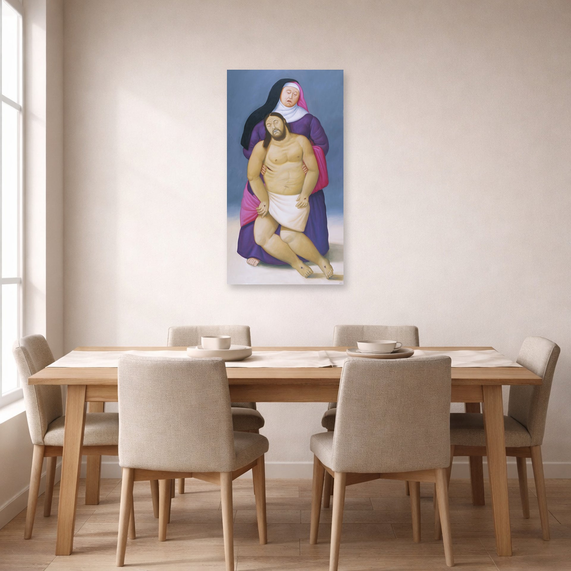 Unframed poster print of Fernando Botero's Mary and Dead Jesus displayed on a wall in a dining room