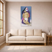 Unframed poster print of Fernando Botero's Mary and Dead Jesus displayed on a wall in a living room