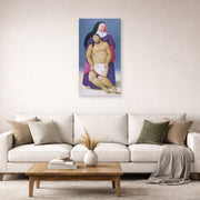 Unframed poster print of Fernando Botero's Mary and Dead Jesus displayed on a wall in a living room