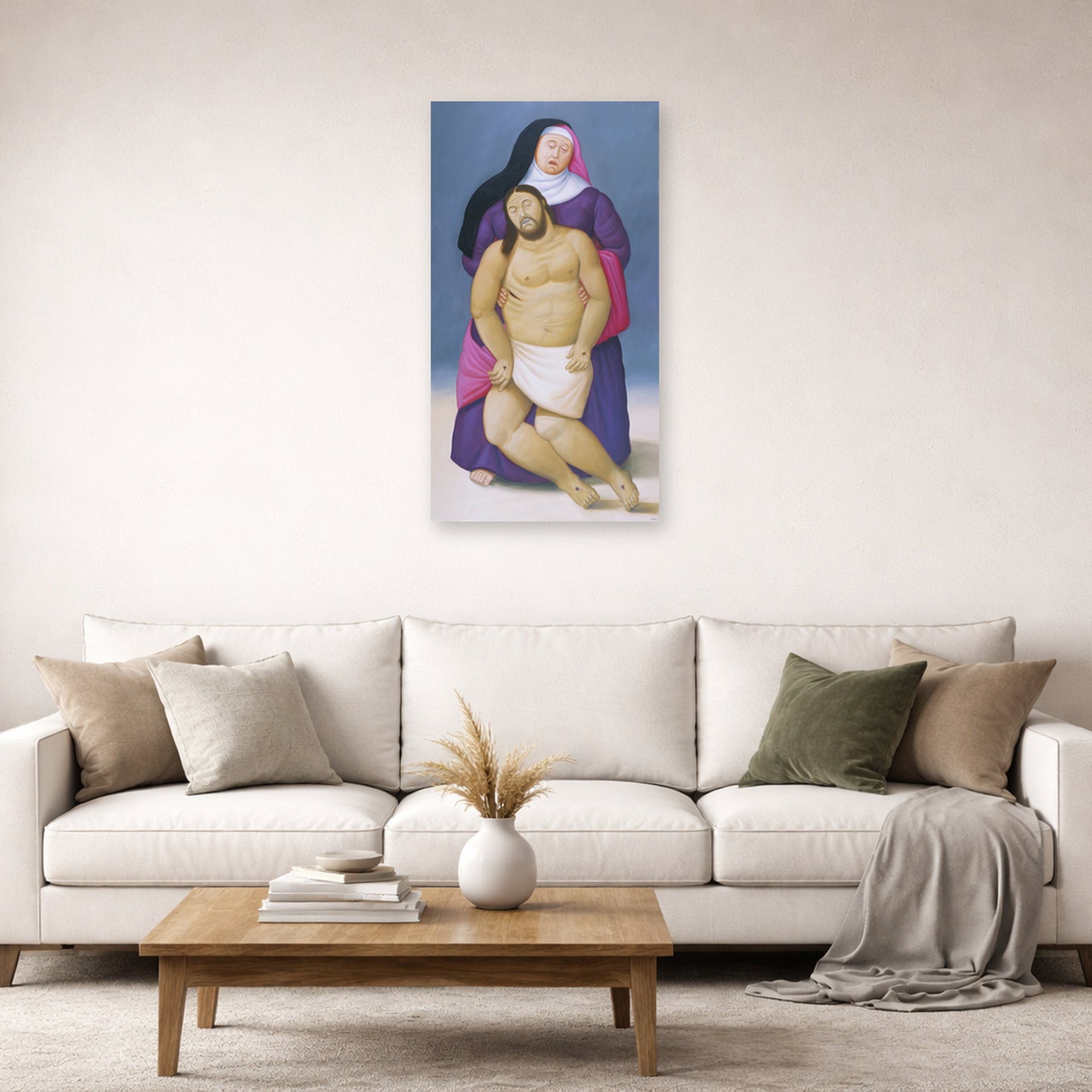 Unframed poster print of Fernando Botero's Mary and Dead Jesus displayed on a wall in a living room