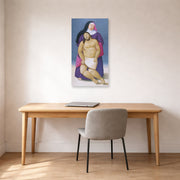 Unframed poster print of Fernando Botero's Mary and Dead Jesus displayed on a wall in a home office