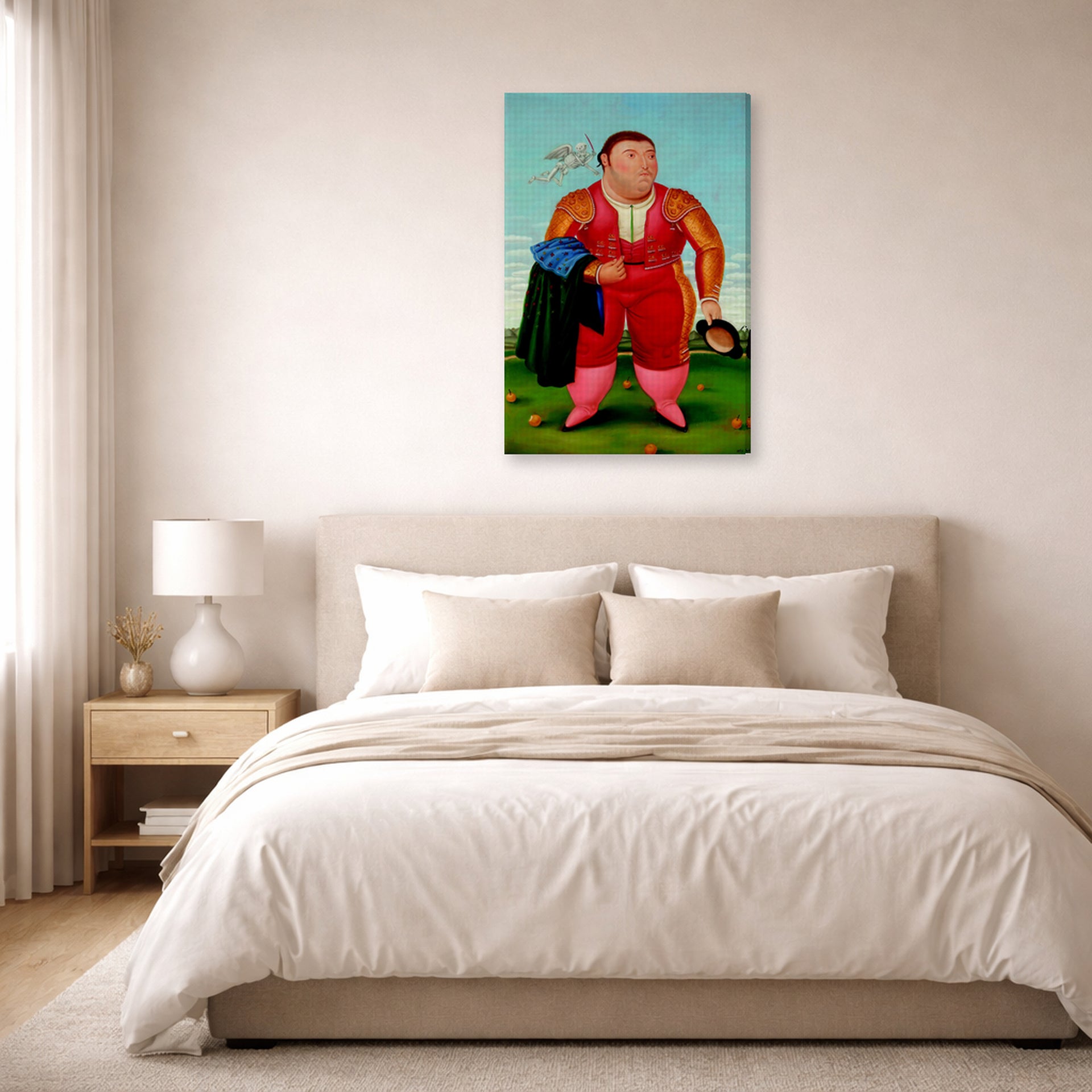 Gallery-wrapped canvas print of Fernando Botero's Matador displayed on a wall in a bedroom