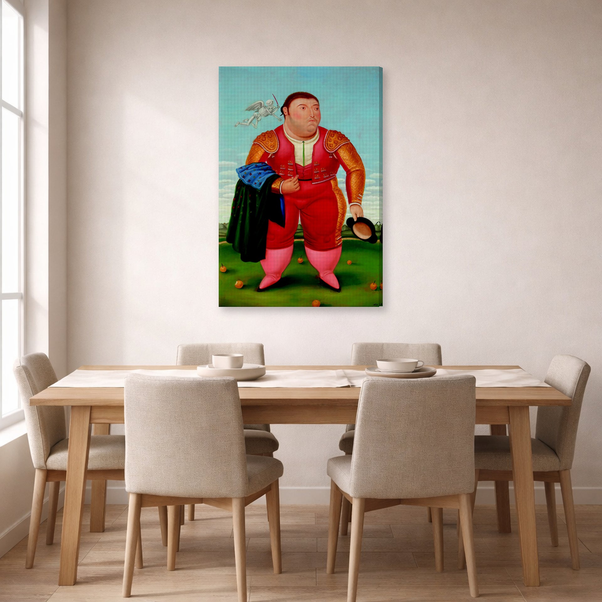 Gallery-wrapped canvas print of Fernando Botero's Matador displayed on a wall in a dining room