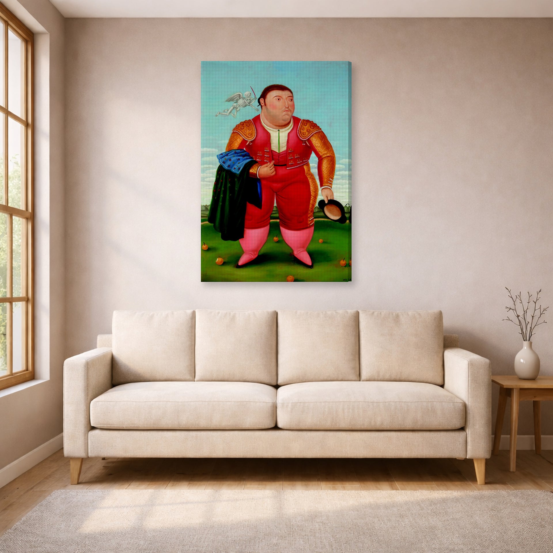 Gallery-wrapped canvas print of Fernando Botero's Matador displayed on a wall in a living room