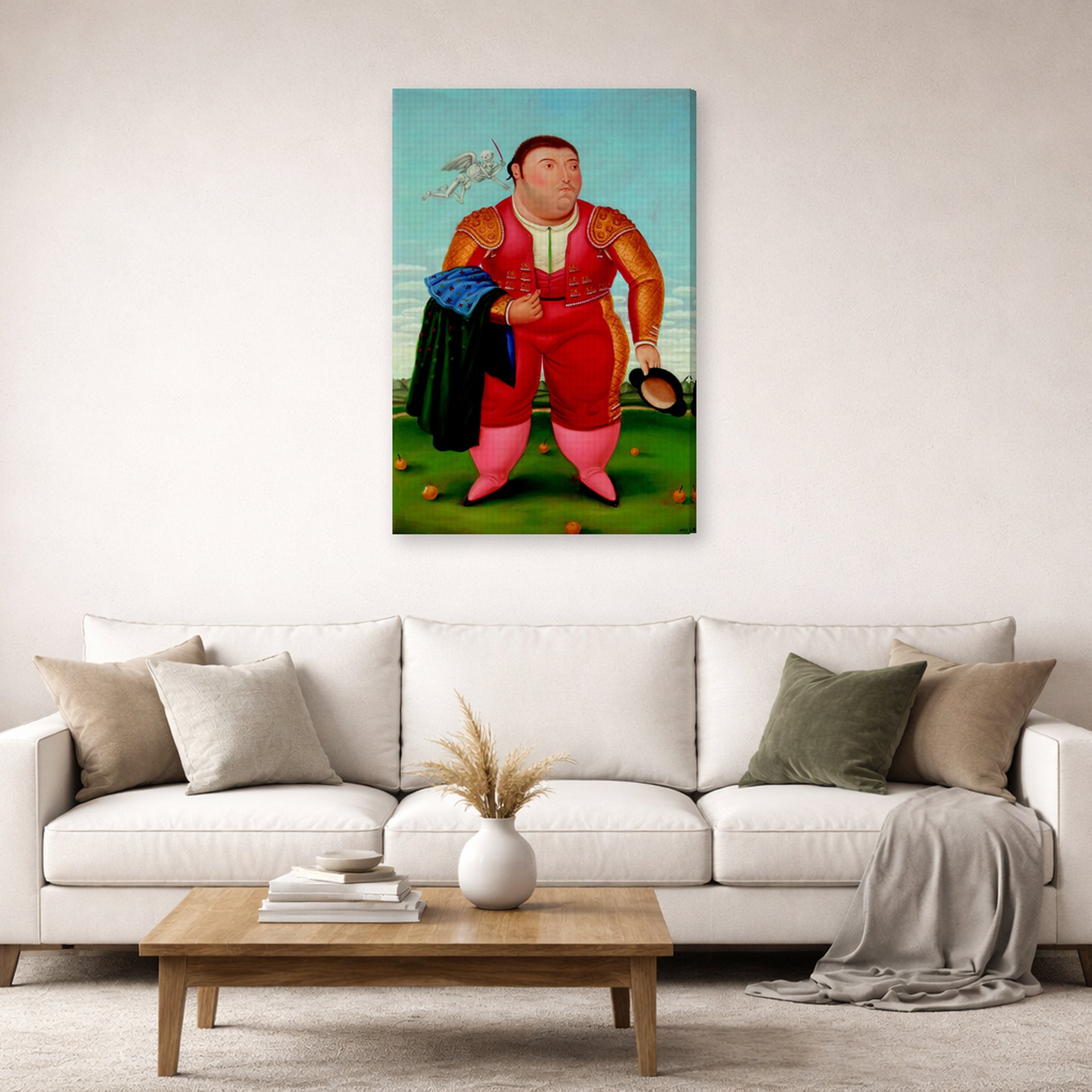 Gallery-wrapped canvas print of Fernando Botero's Matador displayed on a wall in a living room