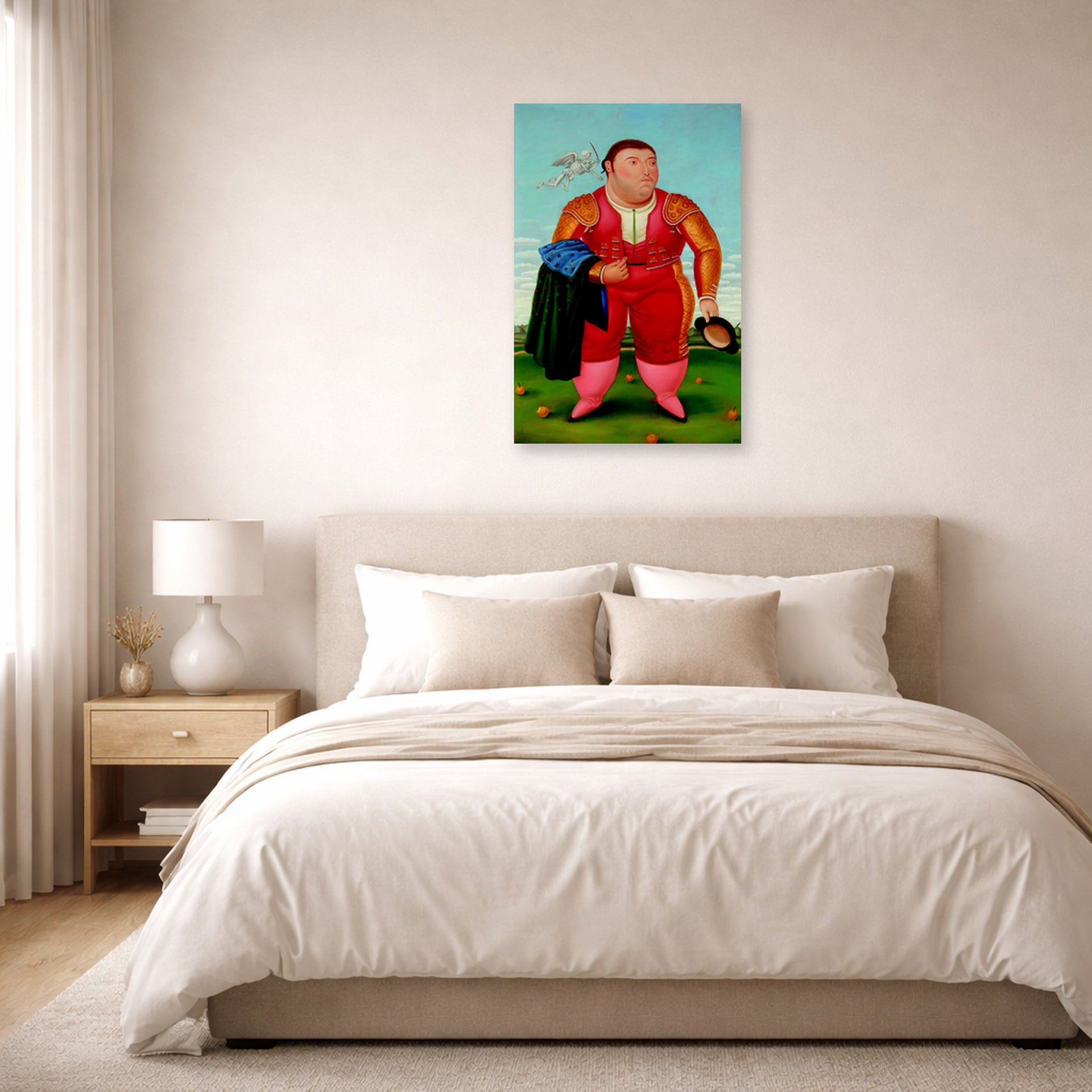 Unframed poster print of Fernando Botero's Matador displayed on a wall in a bedroom