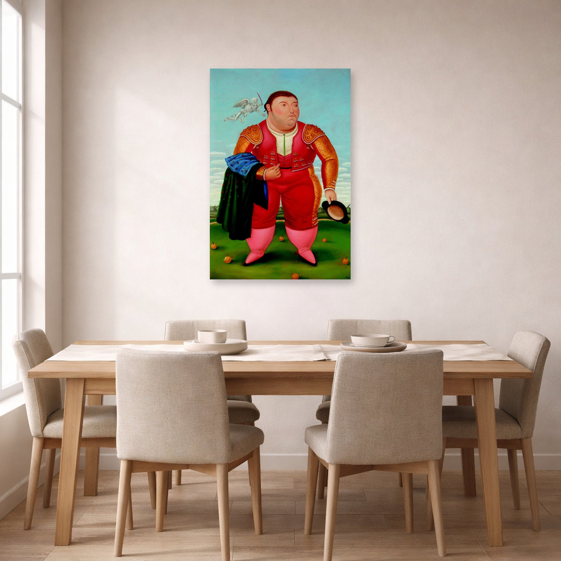 Unframed poster print of Fernando Botero's Matador displayed on a wall in a dining room