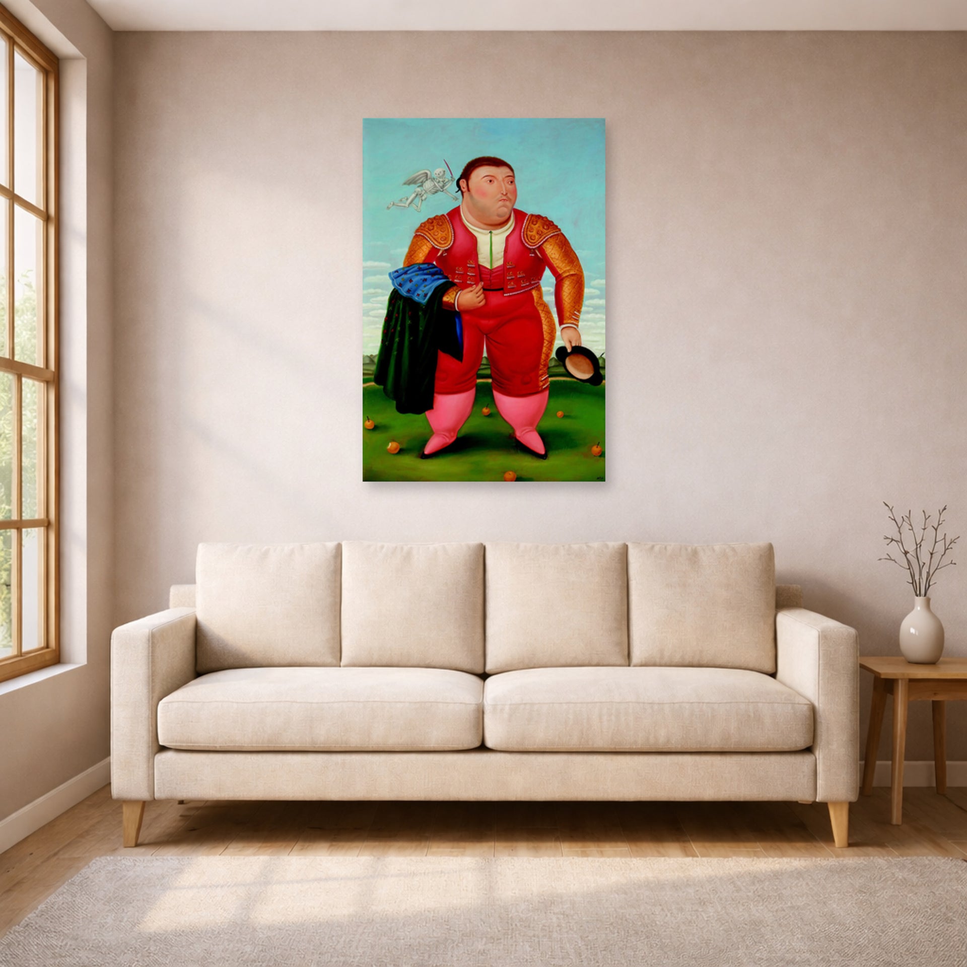 Unframed poster print of Fernando Botero's Matador displayed on a wall in a living room