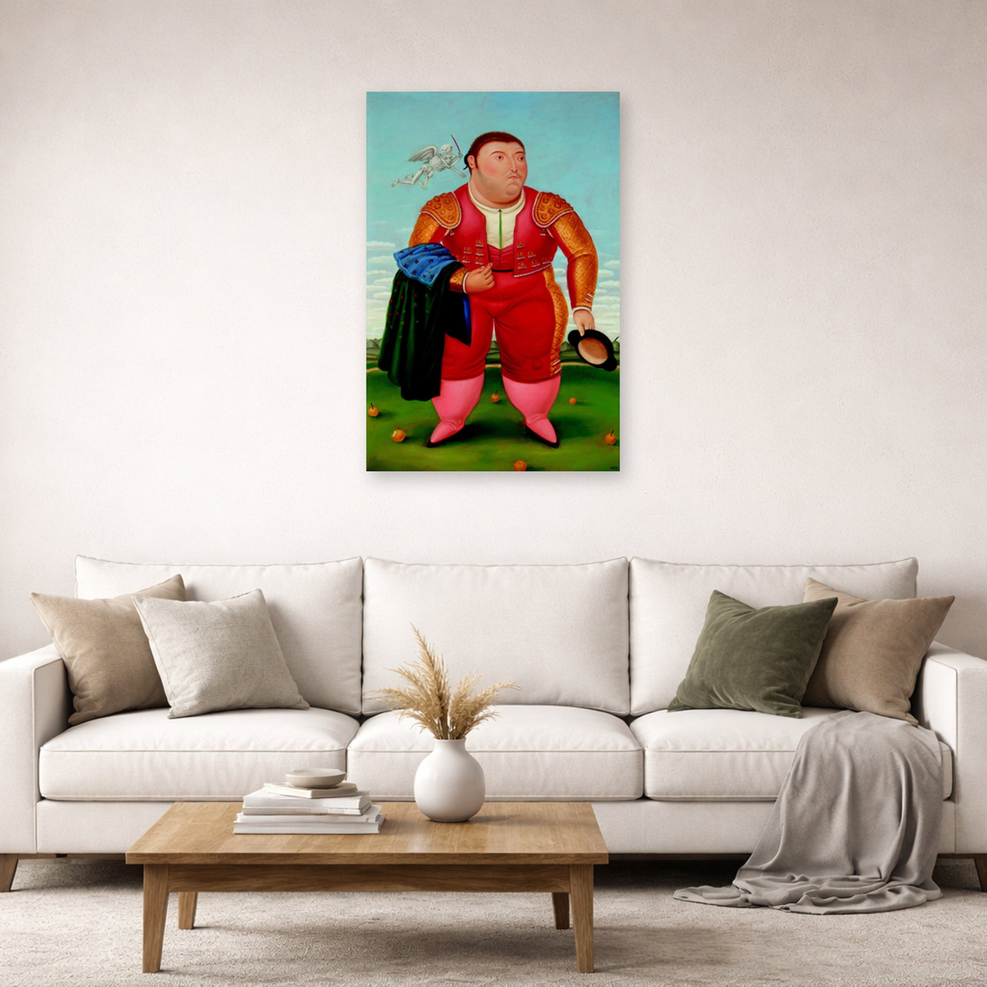 Unframed poster print of Fernando Botero's Matador displayed on a wall in a living room