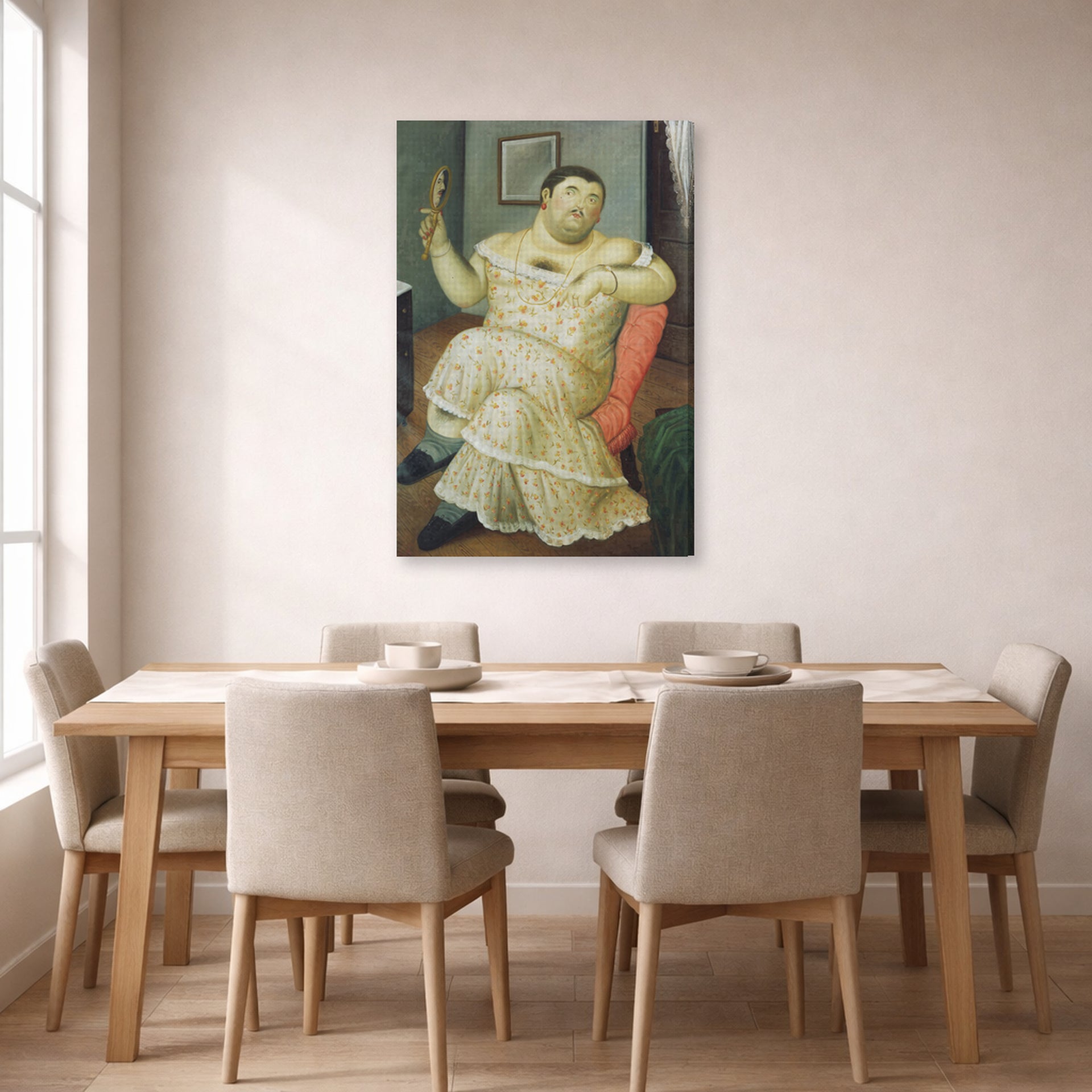 Gallery-wrapped canvas print of Fernando Botero's Melancholy displayed on a wall in a dining room