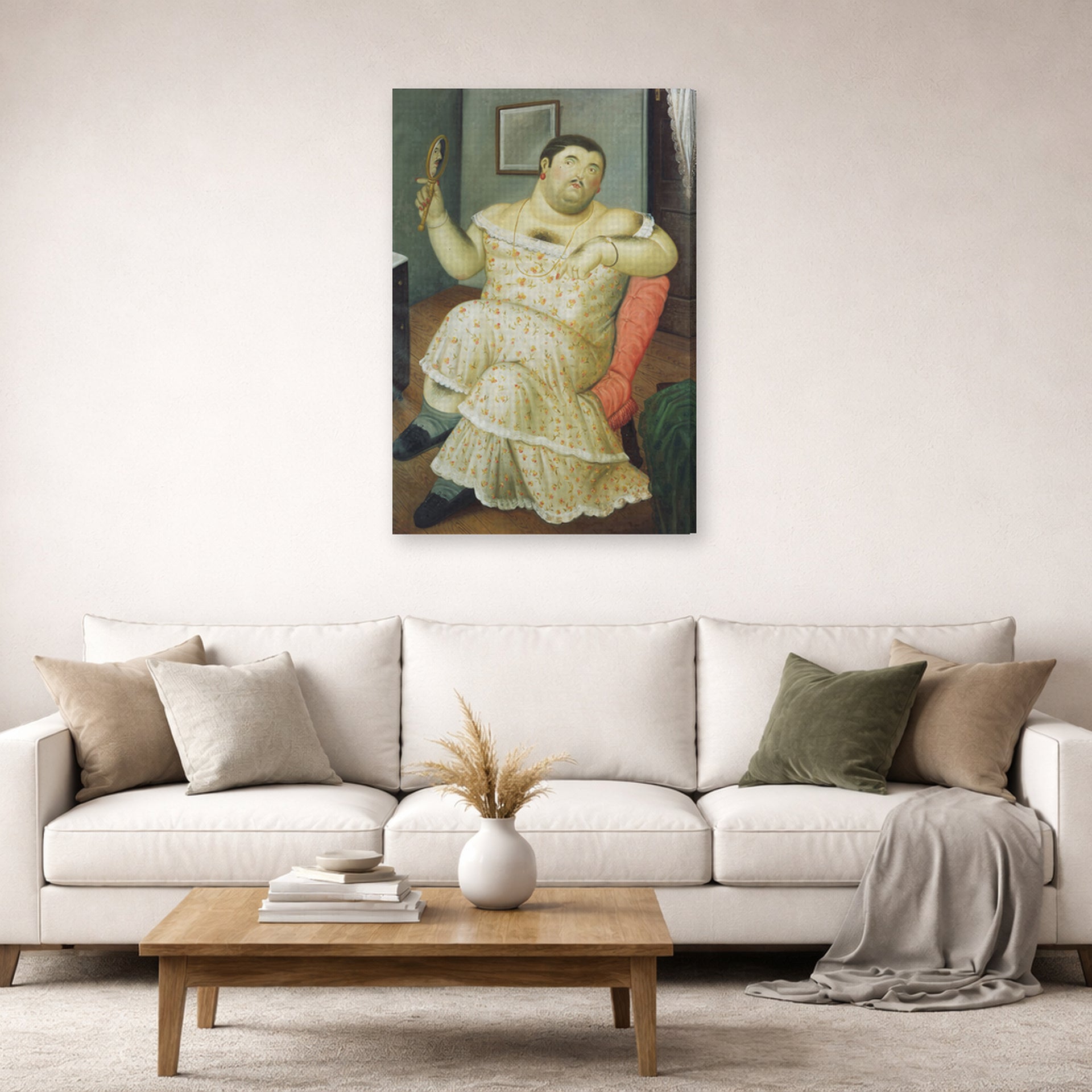 Gallery-wrapped canvas print of Fernando Botero's Melancholy displayed on a wall in a living room