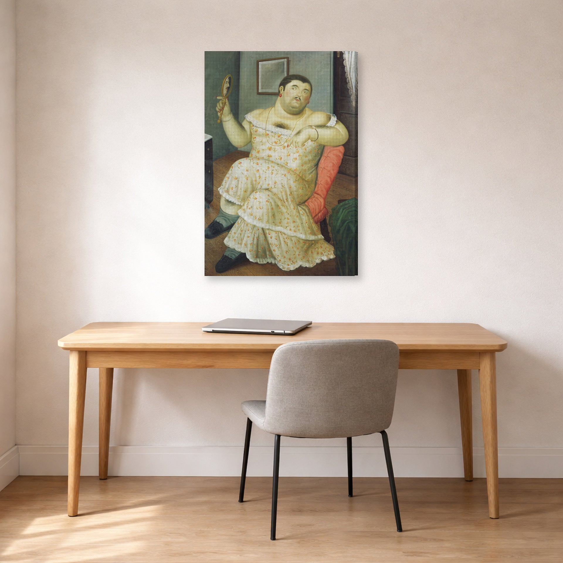 Gallery-wrapped canvas print of Fernando Botero's Melancholy displayed on a wall in a home office