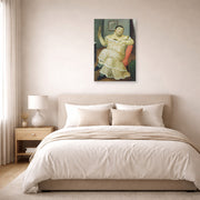 Unframed poster print of Fernando Botero's Melancholy displayed on a wall in a bedroom