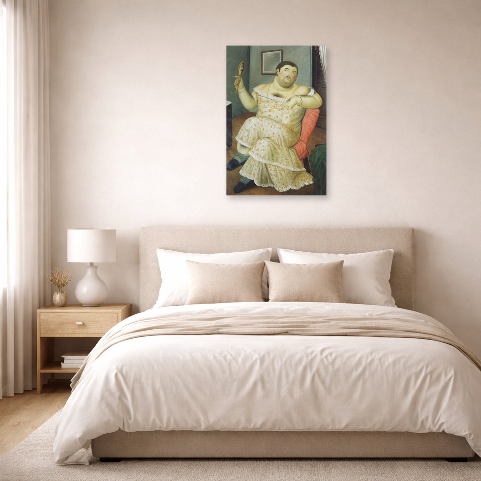 Unframed poster print of Fernando Botero's Melancholy displayed on a wall in a bedroom