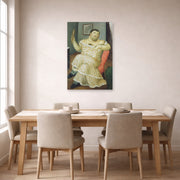 Unframed poster print of Fernando Botero's Melancholy displayed on a wall in a dining room