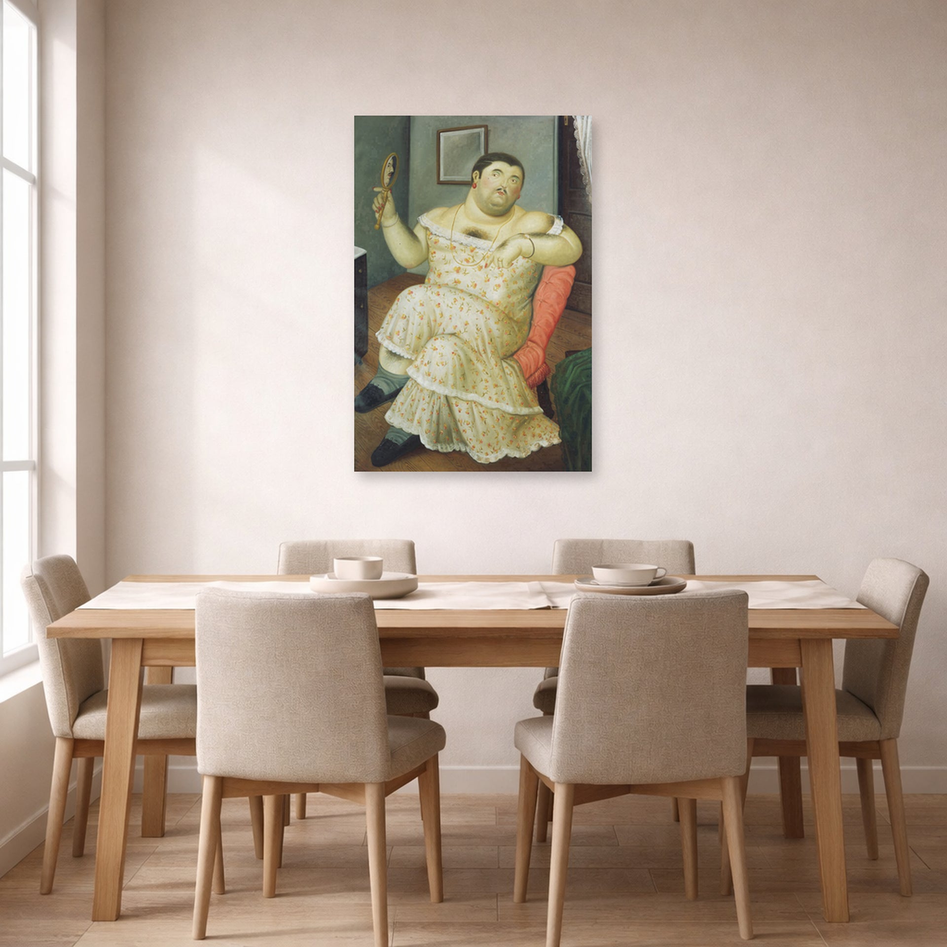 Unframed poster print of Fernando Botero's Melancholy displayed on a wall in a dining room