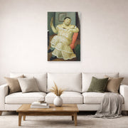 Unframed poster print of Fernando Botero's Melancholy displayed on a wall in a living room
