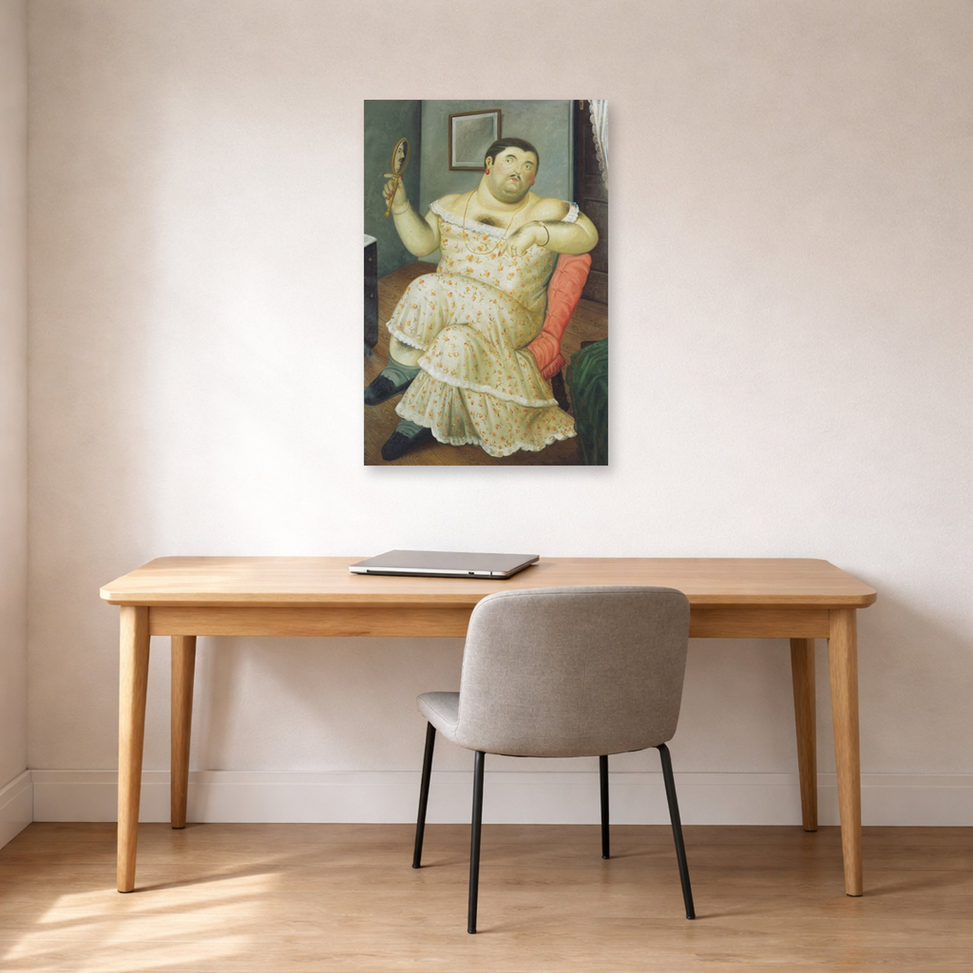 Unframed poster print of Fernando Botero's Melancholy displayed on a wall in a home office