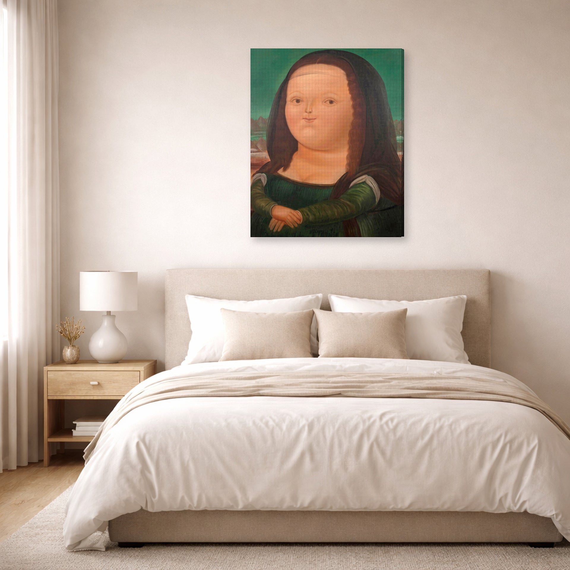Gallery-wrapped canvas print of Fernando Botero's Mona Lisa Monalisa displayed on a wall in a bedroom