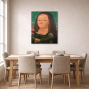 Gallery-wrapped canvas print of Fernando Botero's Mona Lisa Monalisa displayed on a wall in a dining room