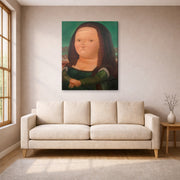 Gallery-wrapped canvas print of Fernando Botero's Mona Lisa Monalisa displayed on a wall in a living room