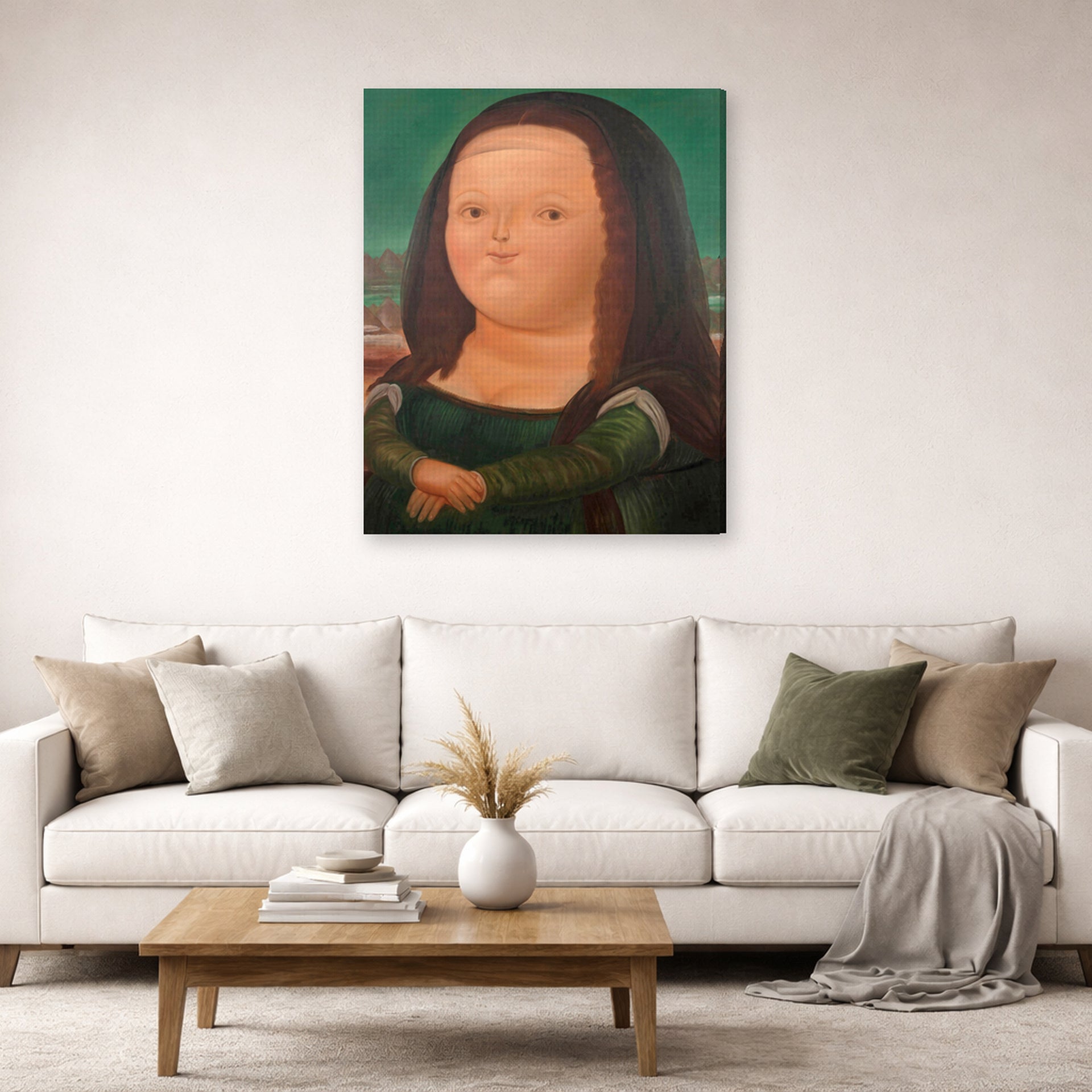 Gallery-wrapped canvas print of Fernando Botero's Mona Lisa Monalisa displayed on a wall in a living room