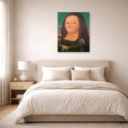 Unframed poster print of Fernando Botero's Mona Lisa Monalisa displayed on a wall in a bedroom