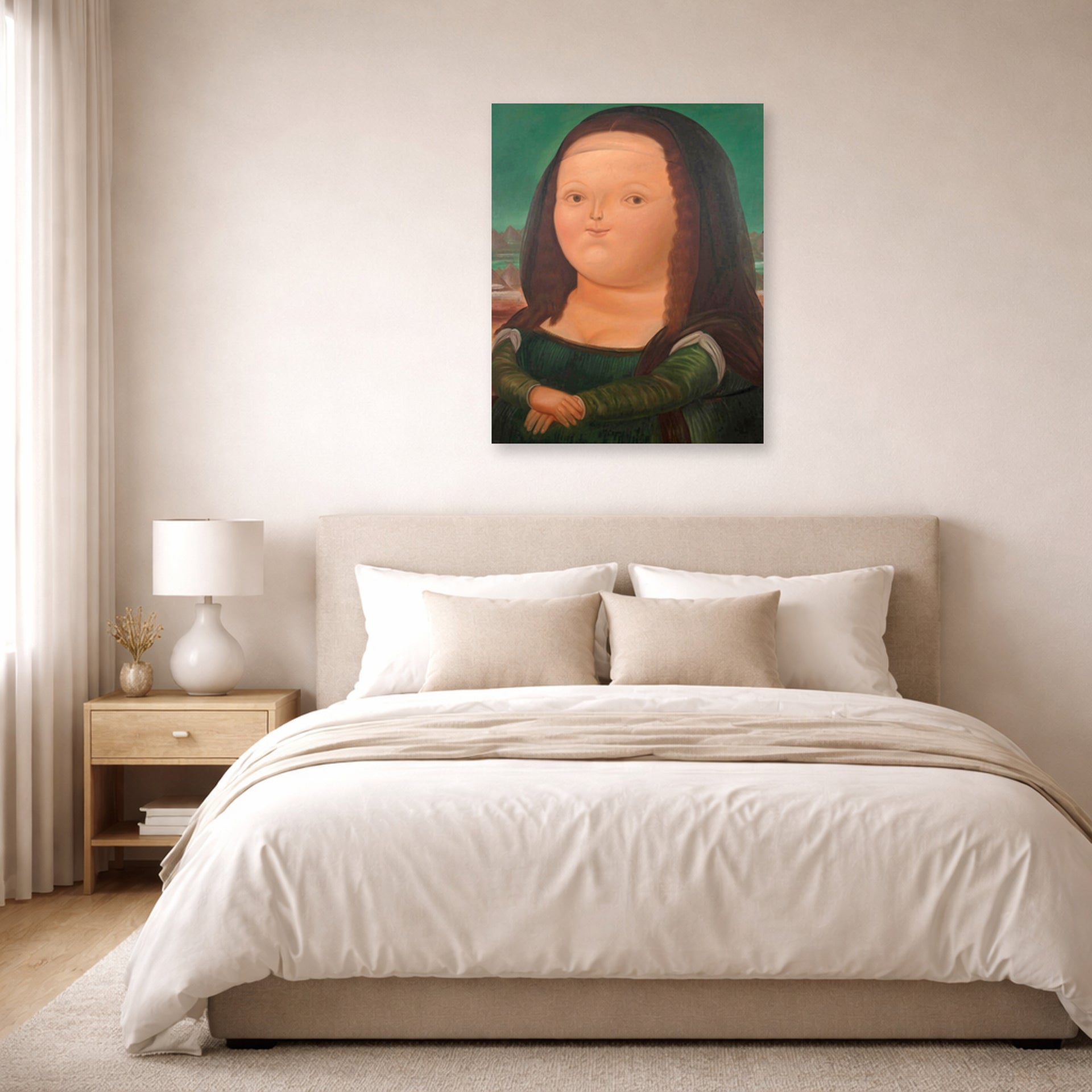 Unframed poster print of Fernando Botero's Mona Lisa Monalisa displayed on a wall in a bedroom