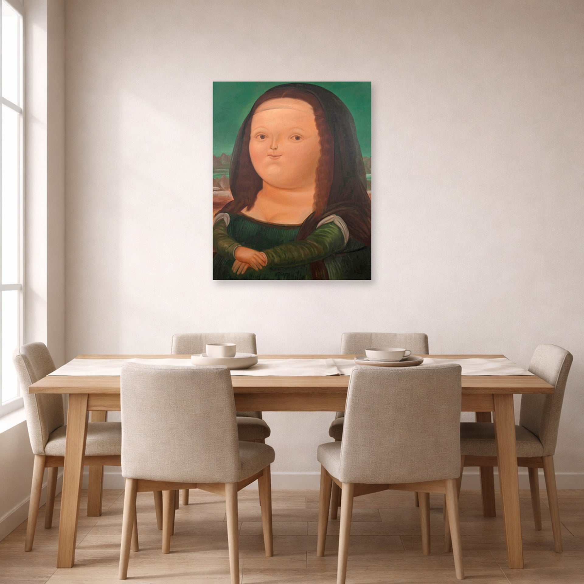 Unframed poster print of Fernando Botero's Mona Lisa Monalisa displayed on a wall in a dining room
