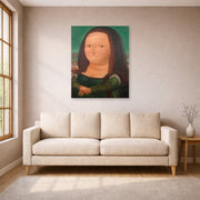 Unframed poster print of Fernando Botero's Mona Lisa Monalisa displayed on a wall in a living room