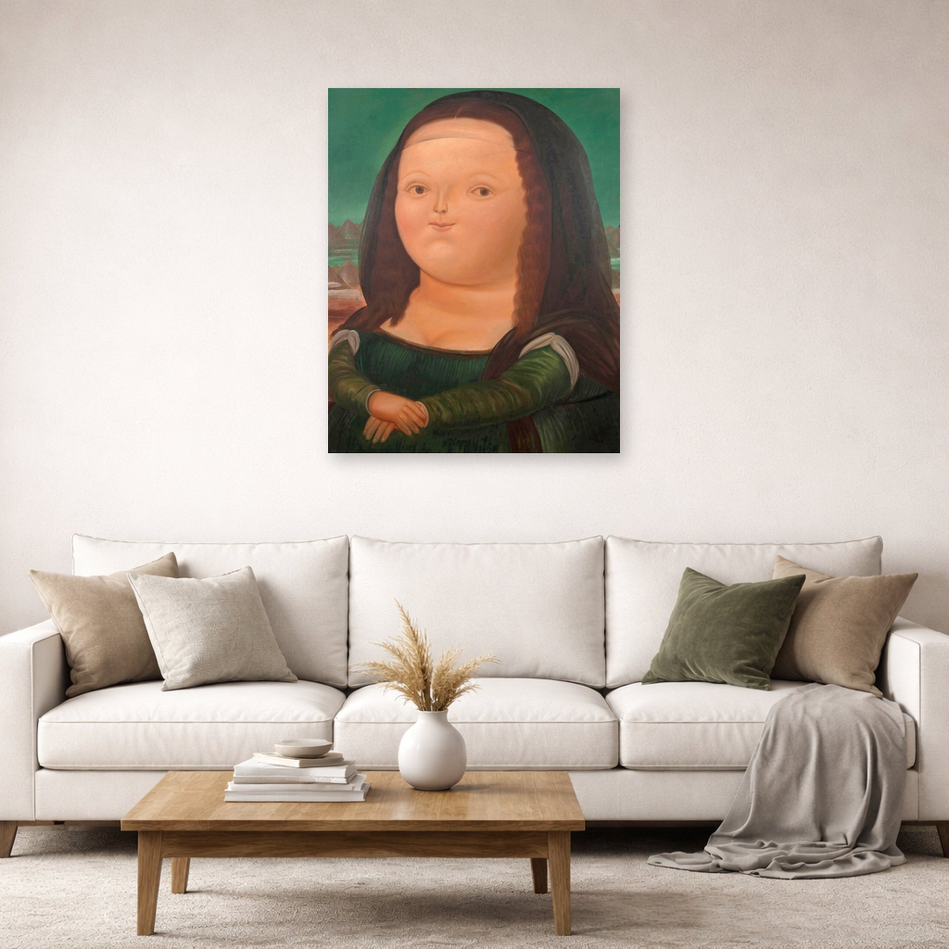 Unframed poster print of Fernando Botero's Mona Lisa Monalisa displayed on a wall in a living room