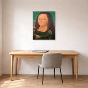 Unframed poster print of Fernando Botero's Mona Lisa Monalisa displayed on a wall in a home office