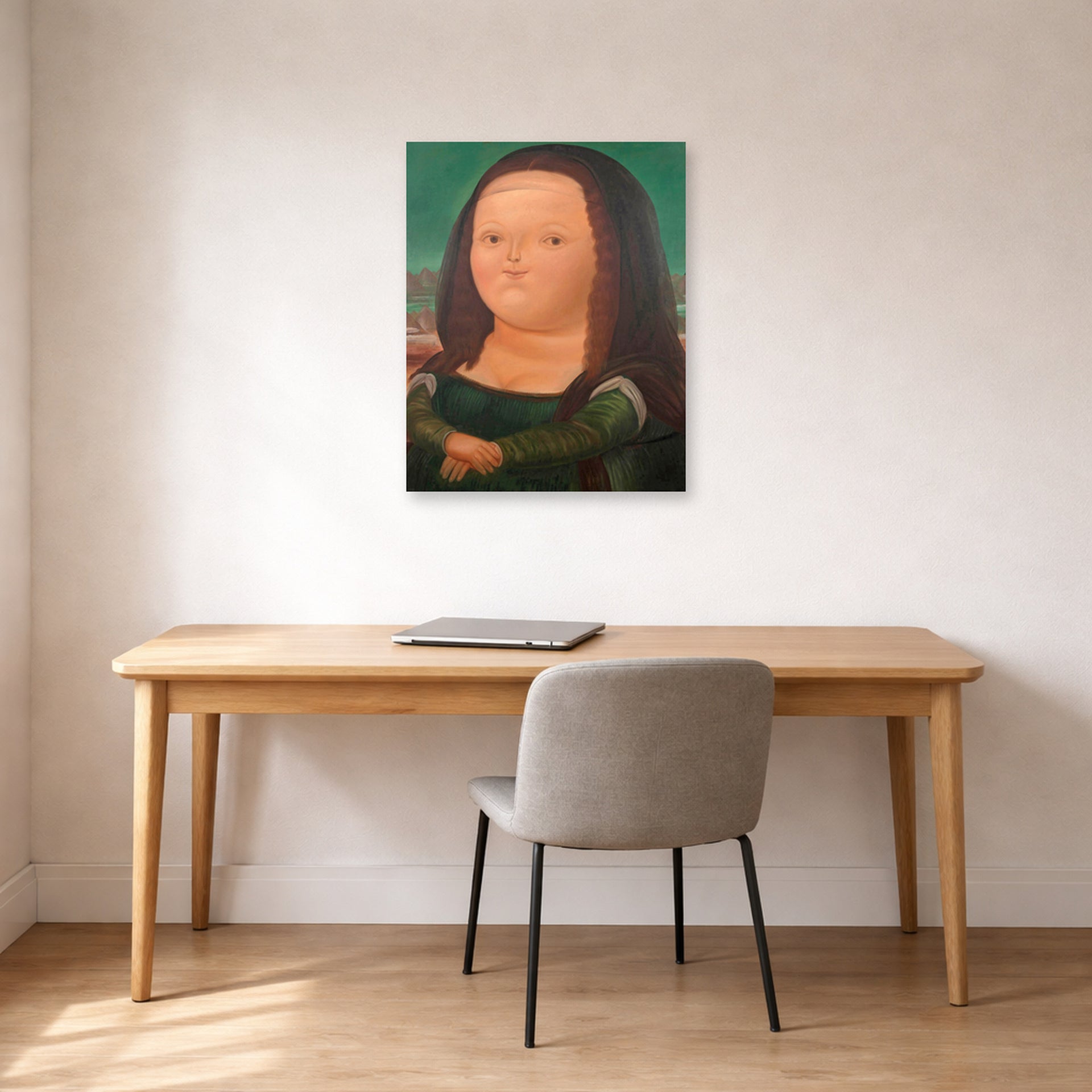 Unframed poster print of Fernando Botero's Mona Lisa Monalisa displayed on a wall in a home office