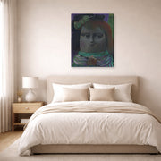Gallery-wrapped canvas print of Fernando Botero's Mona Lisa at Thirteen Years displayed on a wall in a bedroom