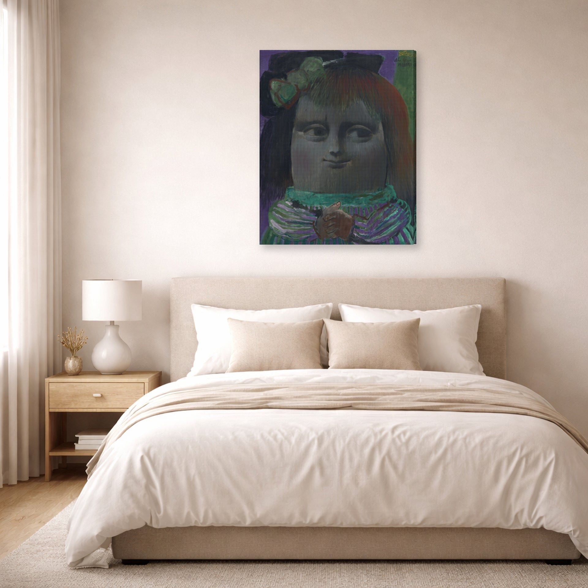 Gallery-wrapped canvas print of Fernando Botero's Mona Lisa at Thirteen Years displayed on a wall in a bedroom