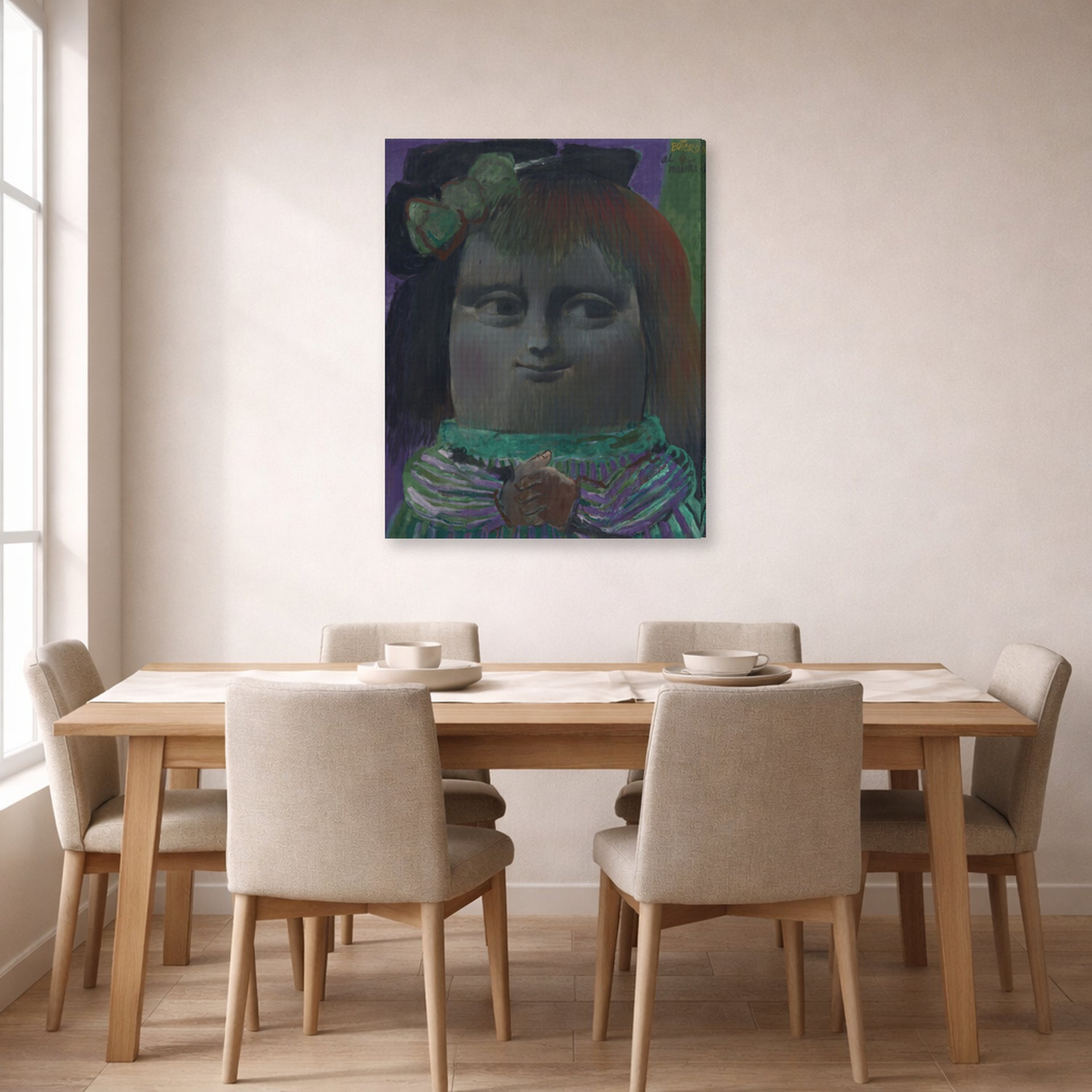 Gallery-wrapped canvas print of Fernando Botero's Mona Lisa at Thirteen Years displayed on a wall in a dining room