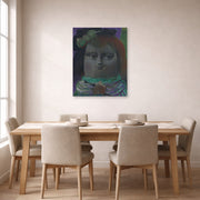 Unframed poster print of Fernando Botero's Mona Lisa at Thirteen Years displayed on a wall in a dining room