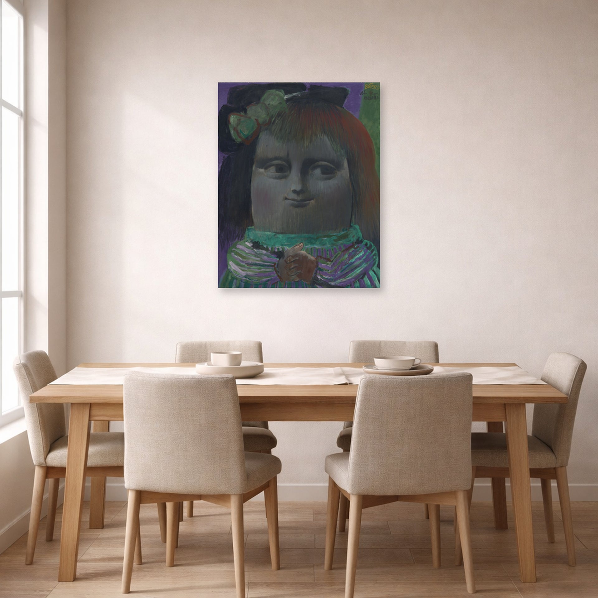 Unframed poster print of Fernando Botero's Mona Lisa at Thirteen Years displayed on a wall in a dining room