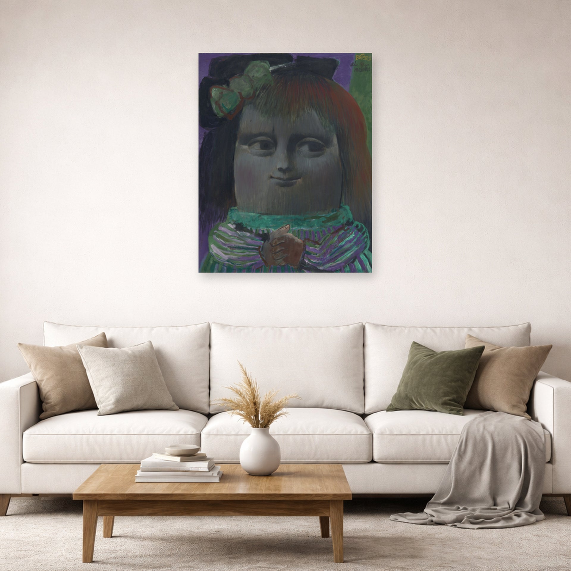 Unframed poster print of Fernando Botero's Mona Lisa at Thirteen Years displayed on a wall in a living room