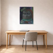 Unframed poster print of Fernando Botero's Mona Lisa at Thirteen Years displayed on a wall in a home office
