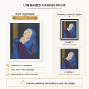 Fernando Botero - Mother Afflicted canvas print size comparison and framing display infographic