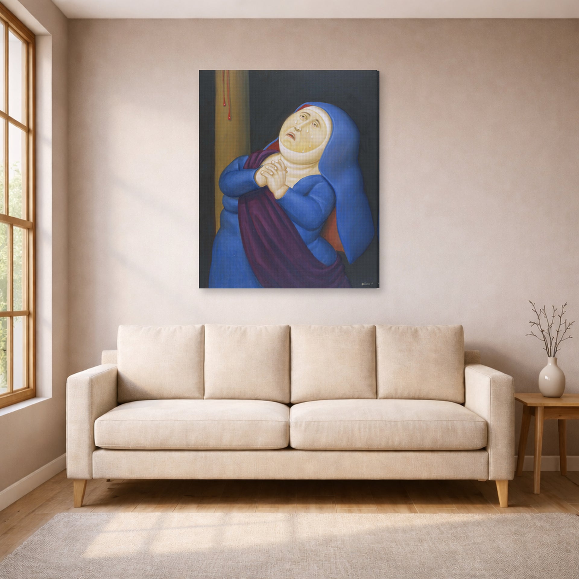 Gallery-wrapped canvas print of Fernando Botero's Mother Afflicted displayed on a wall in a living room
